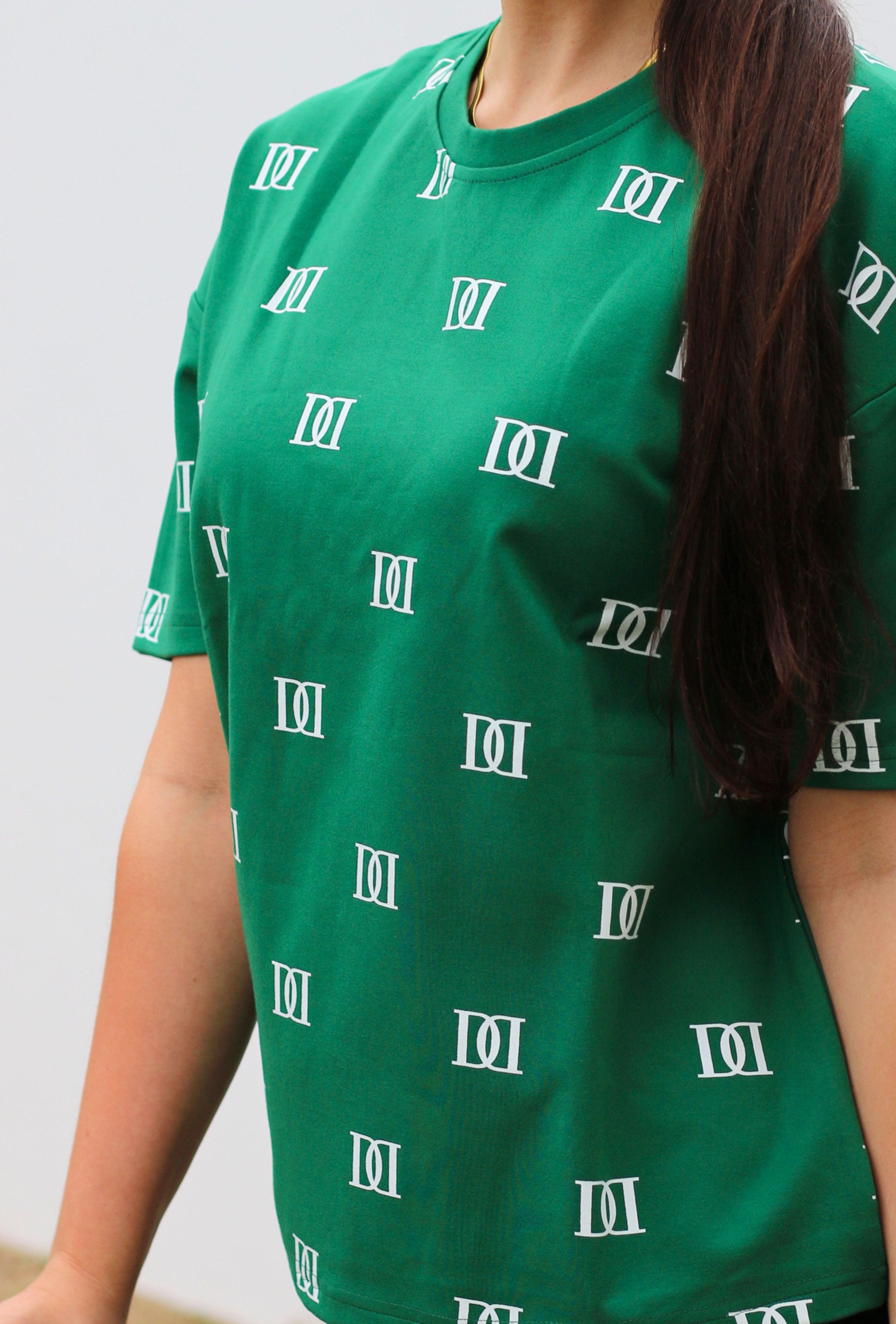 Green oversized tee, cut specifically for shorter women.