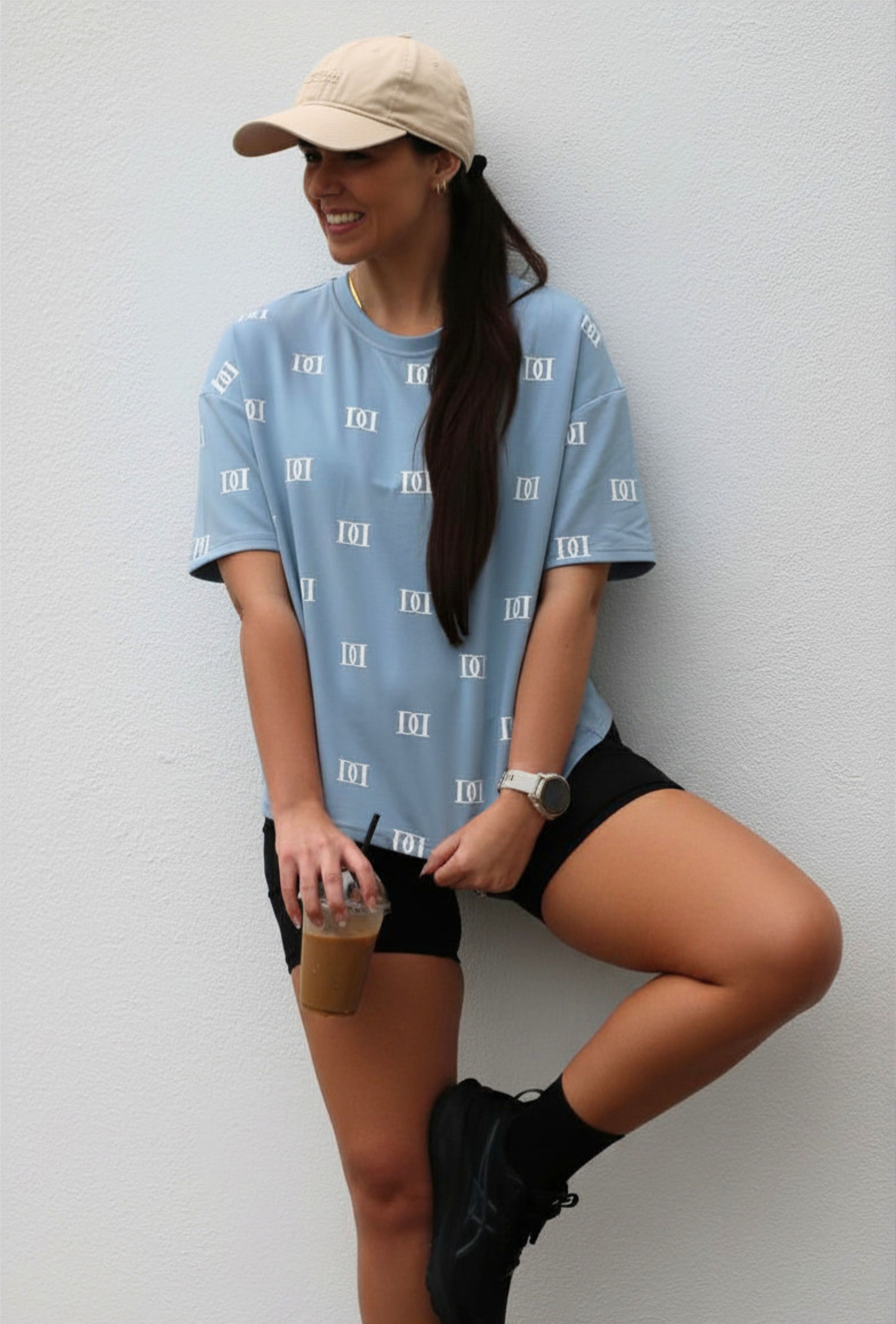Blue oversized tee, cut specifically for shorter women.